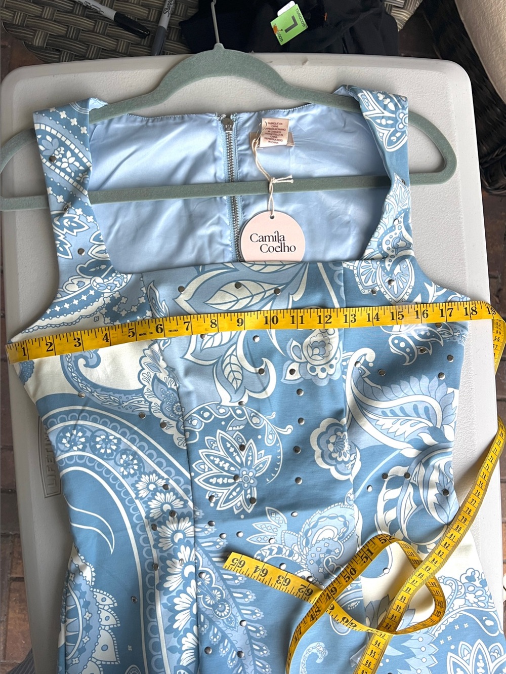 Camila Coelho mini patterned studded dress blue white silver size 8 - Picture 10 of 13
